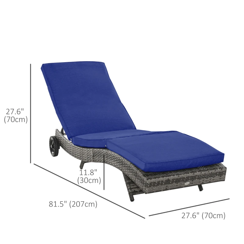 Outsunny Outdoor Adjustable Wicker Chaise Lounge Chair with Cushion & Wheels for Patio, Deck, Poolside, Dark Blue