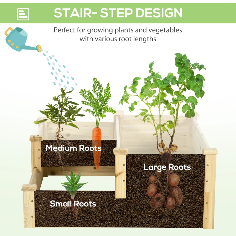 Outsunny 3 Tier Raised Flower Bed Outdoor Planter Box Wooden Garden Bed, Open Bottom for Plants, 42.5"x34.75"x14.25", Natural
