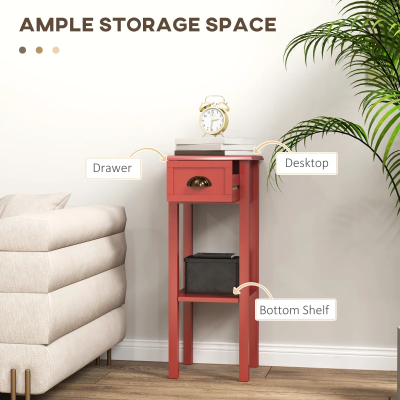 HOMCOM 2-Tier Side Tables Set of 2 with Drawer and Shelf, 2 Pieces End Tables for Living Room and Hallway, Red