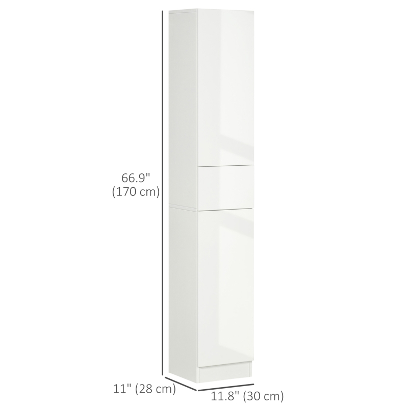 kleankin Tall Bathroom Cabinet, Narrow Bathroom Storage Cabinet with Doors, Drawer and Adjustable Shelves, High Gloss White