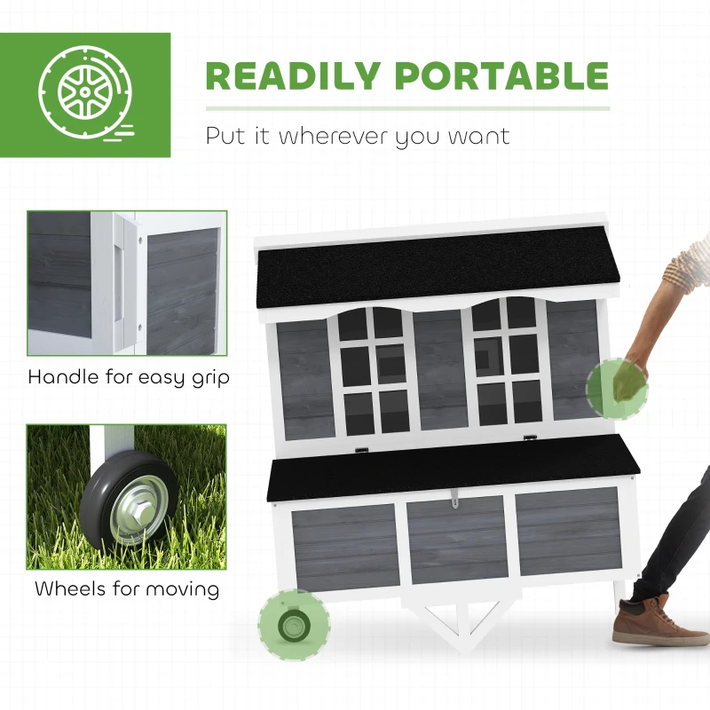 PawHut 43" Chicken Coop with Wheels, Chicken Tractor with Nesting Box, Windows, Pull-out Tray, Perches, for 2-4 Hens, Gray