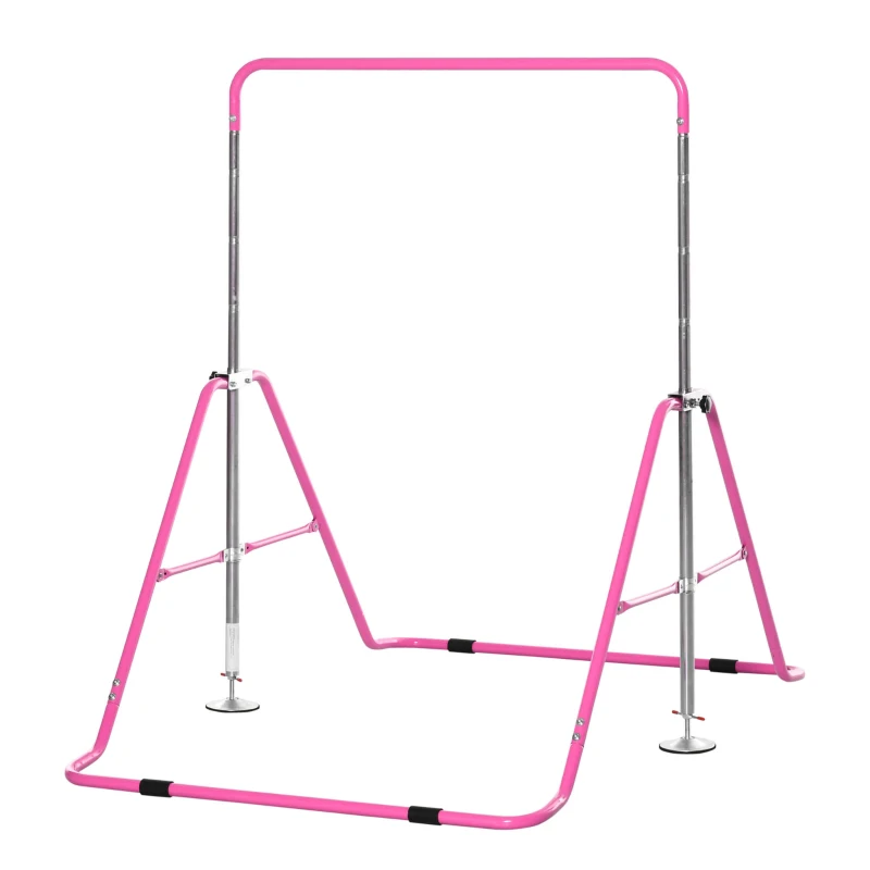 Qaba Folding Gymnastics Bar for Kids with Shock Absorption, Adjustable Gymnastics Horizontal Bar, Gymnastics Kip Bar for Home Use, Pink
