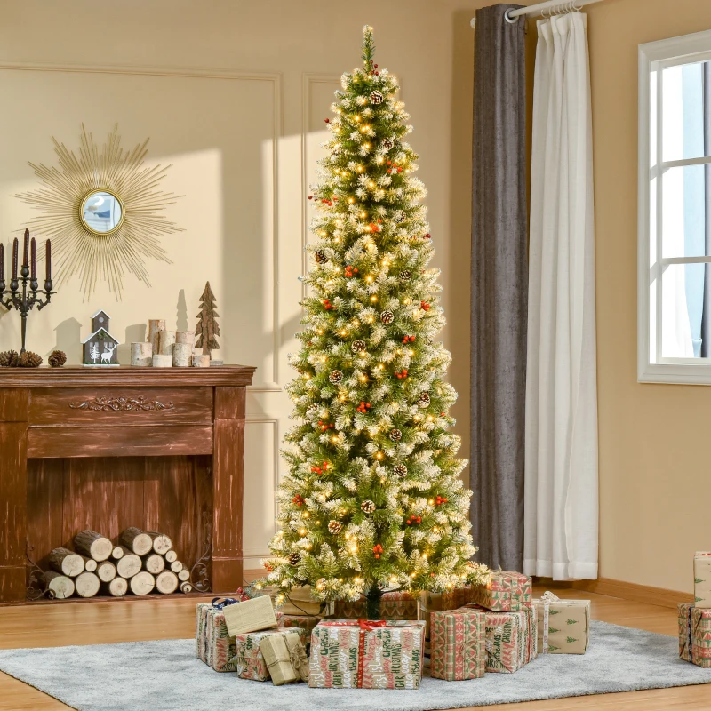 HOMCOM 7.5ft Pre-Lit Snow-Dipped Artificial Christmas Tree with Realistic Branches, 350 LED Lights, Pine Cones, Red Berries and 1075 Tips