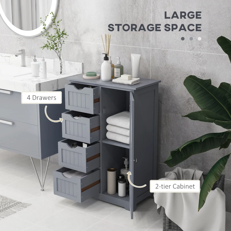 kleankin Bathroom Storage Cabinet, Floor Cabinet with Adjustable Shelf and 4 Drawers, Side Cabinet for Washroom, Grey