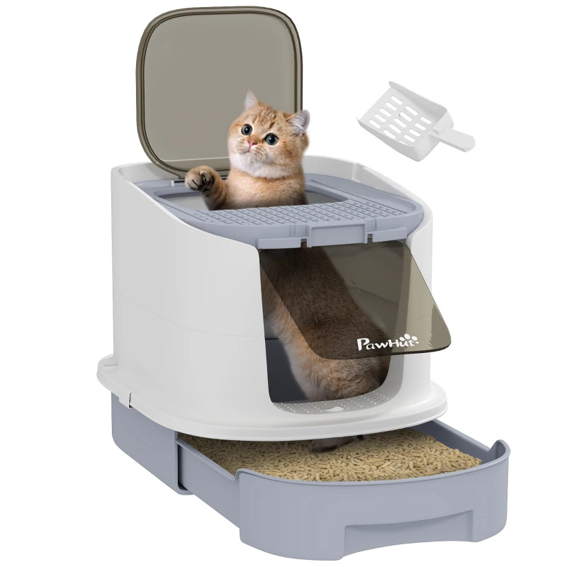 PawHut Enclosed Cat Litter Box with Lid, Scoop, Top Entry, Deodorization Bags, Drawer Type Cat Litter Tray, Easy to Clean, Grey