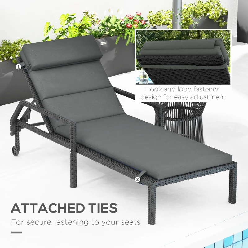 Outsunny Patio Chaise Lounge Chair Cushions Replacement Sun Lounger Pads with Headrest and Ties, Set of 2, Grey