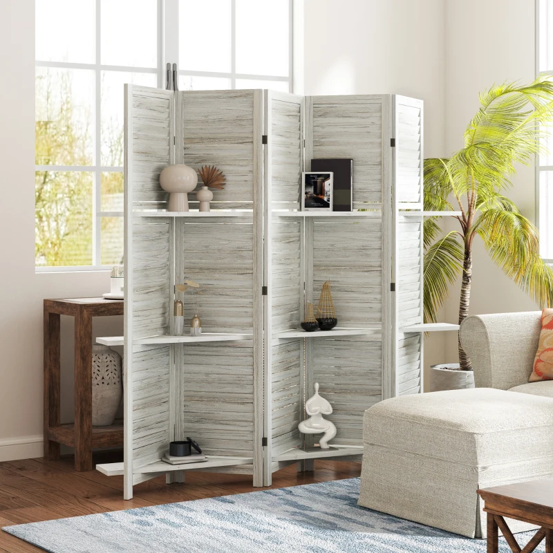 HOMCOM 5 Panel 67" Tall Wood Privacy Screen Room Divider with 3 Shelves and Folding Storage for Bedroom, Distressed White