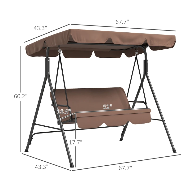 Outsunny Large Family Swing Set, 3-Seat Adjustable Canopy Swing Bench with Cushion, Steel Frame Stand for Patio, Garden, Family Use, Brown