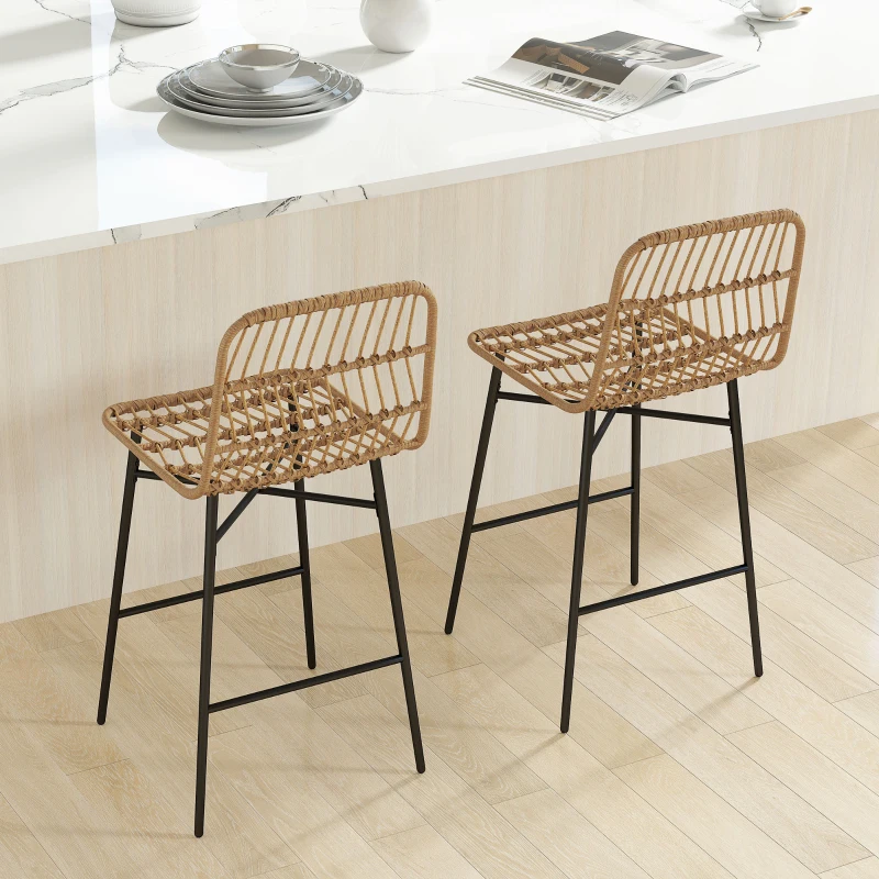 HOMCOM Rattan Counter Height Bar Stools Set of 2, 26" Counter Stools with Back, Modern Bar Chairs for Kitchen Island, Brown