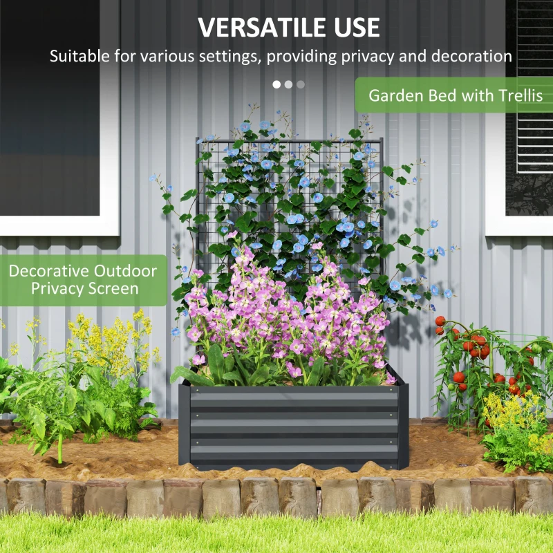 Outsunny Galvanized Raised Garden Bed with Trellis for Climbing Plants, Outdoor Planter Box with Open Bottom, Dark Grey