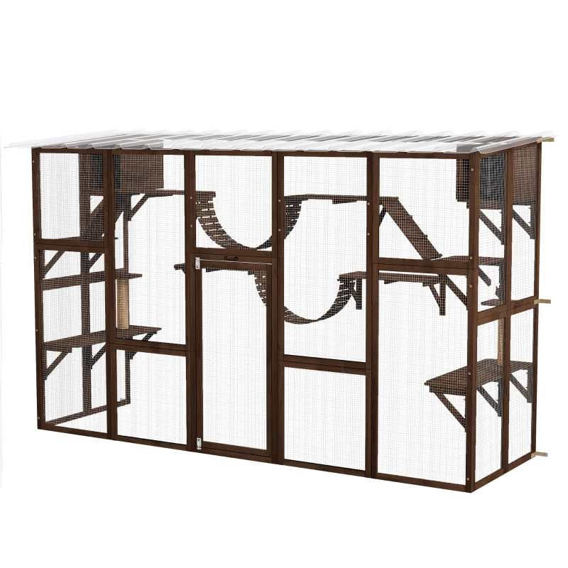 PawHut Large Outdoor Catio with Condos, Platforms, Doors, Ladders, Weather-Resistant Roof, Espresso