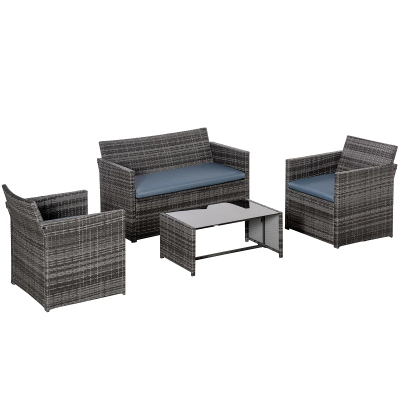 Outsunny 4 Pieces Patio Furniture Set with Cushions, Outdoor PE Rattan Wicker Conversation Garden Sofa Set with 2-Seater Chairs & Glass Coffee Table, Grey