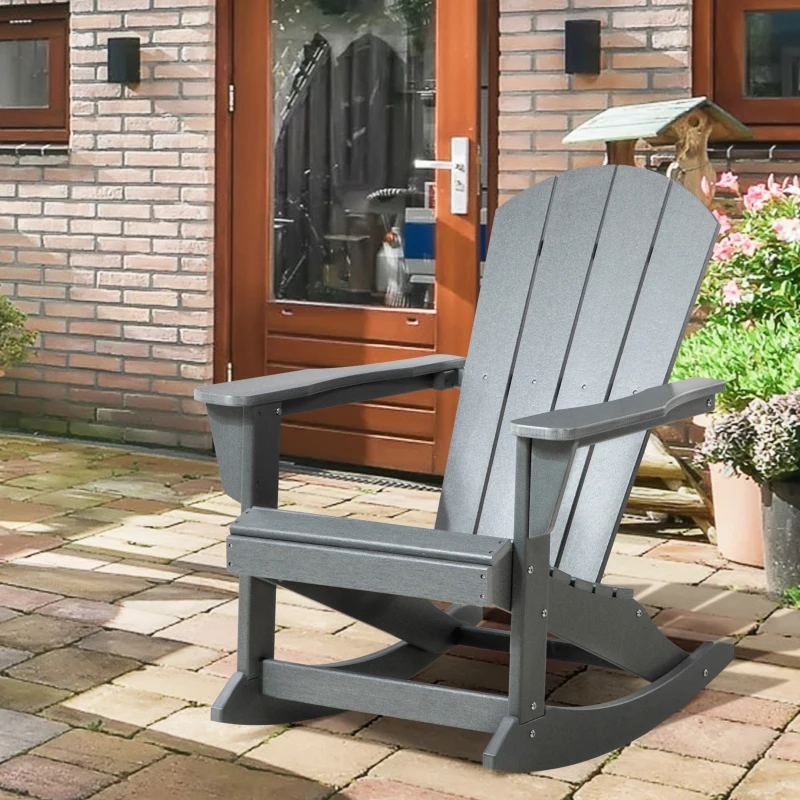 Outsunny Outdoor Rocking Chair, HDPE Adirondack Porch Rocker Chair for Garden, Patio, Light Gray