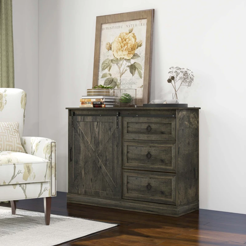 HOMCOM Farmhouse Kitchen Sideboard, Buffet Cabinet with Sliding Barn Door and 3 Storage Drawers for Living Room, Dark Gray