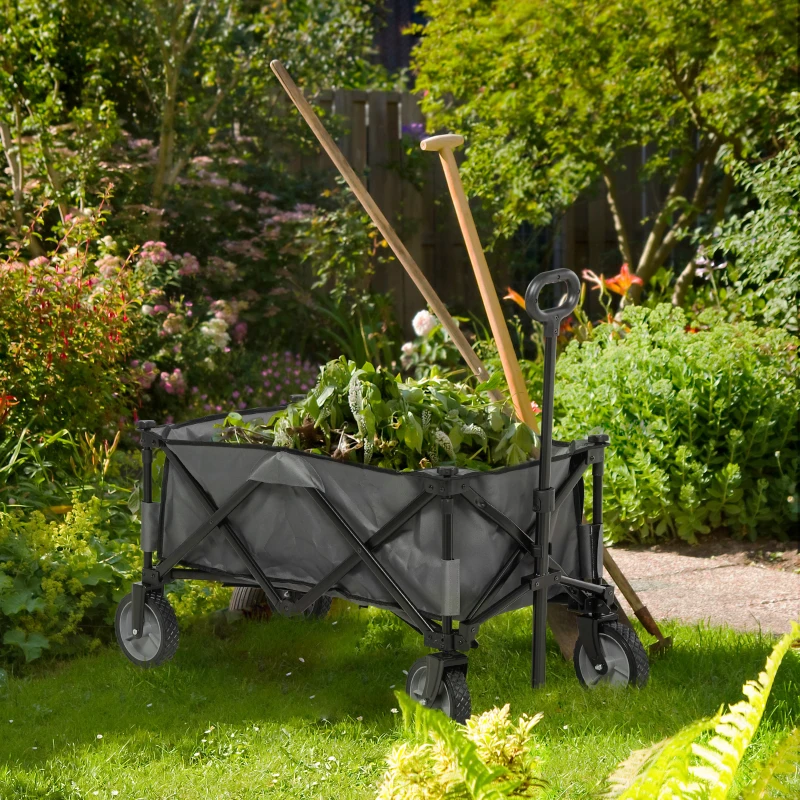 Outsunny Folding Garden Wagon, Collapsible Wagon, Cart with Wheels, Steel Frame and Oxford Fabric, Dark Grey
