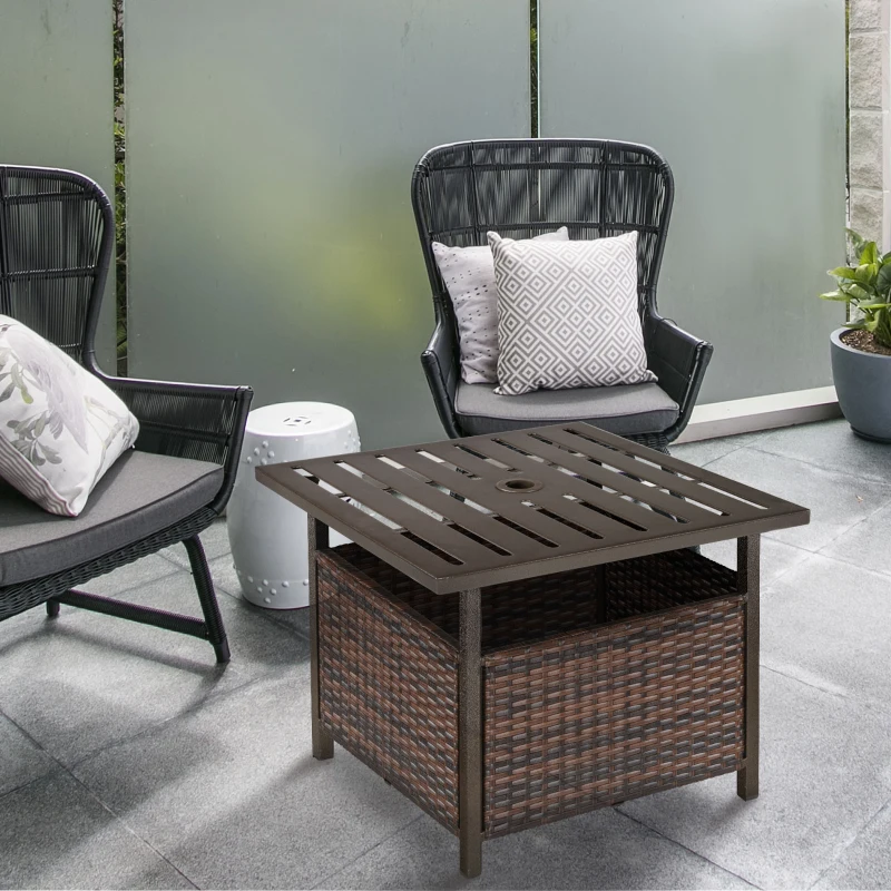Outsunny 21.75" Outdoor Rattan Wicker Patio Coffee Table with Umbrella Hole, Patio Side Table with Slatted Metal Top, Brown