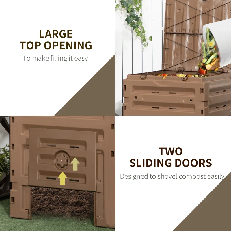 Outsunny Garden Compost Bin, 120 Gallon (450L) Garden Composter, BPA Free, with 80 Vents and 2 Sliding Doors, Lightweight & Sturdy, Fast Creation of Fertile Soil, Brown