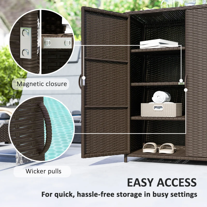Outsunny Rattan Wicker Outdoor Storage Cabinet with 4 Shelves and 2 Doors for Garden Pool Towel Storage, Coffee