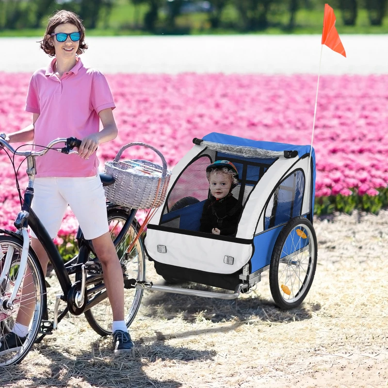 Aosom Double Bike Trailer for Kids Baby Toddler 80lbs Load w/ Steel Frame, 5-Point Safety Belts, Universal Bicycle Connect, Reflectors, Red Flag, Waterproof Cover, Blue