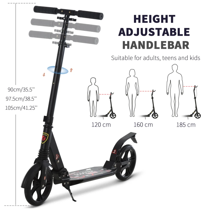 Soozier Foldable Kick Scooter Height Adjustable Ride On Bike with Real Wheel Brake, Dual Shock-Absorbing, Kickstand, and 7.75'' Big Wheels For 14+ Teens Adult, Black