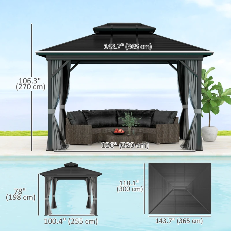 Outsunny 10' x 12' Hardtop Gazebo, Sun Shelter with Double Tier Metal Roof, Mosquito Netting, and Hanging Hook, Light Grey