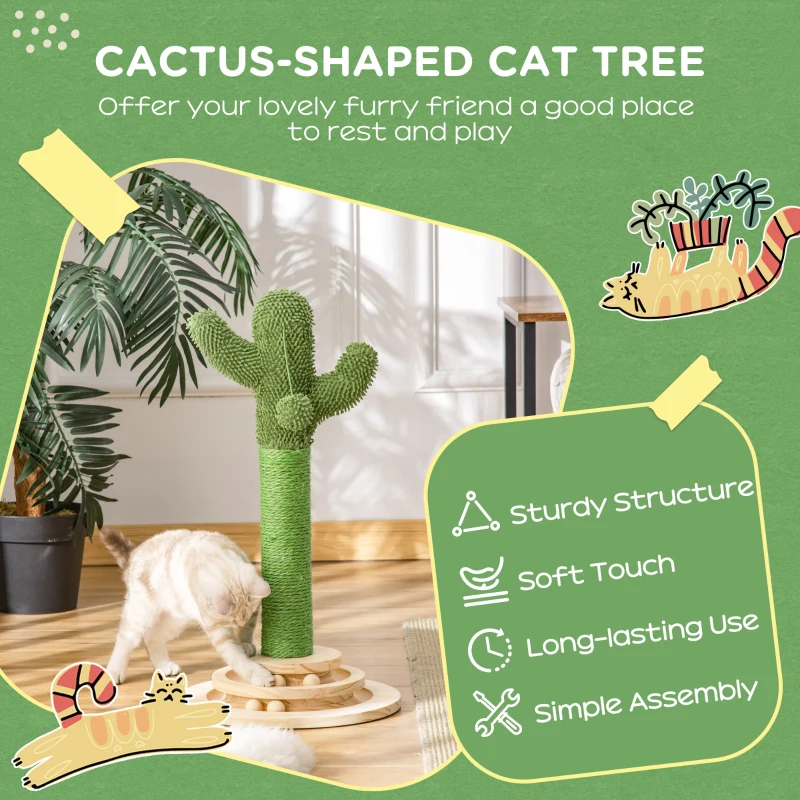 PawHut Cat Scratching Post, Cute Cactus Scratching Post, Nature Sisal Cat Scratcher with Ball Toys for Indoor Cats