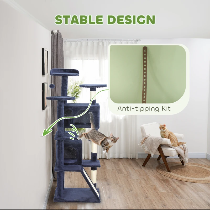 PawHut 54" Cat Tree, Multi-Level Cat Tower with Scratching Posts, Cat Condos, Bed, Platforms, Ramp, Toy Ball, Dark Blue