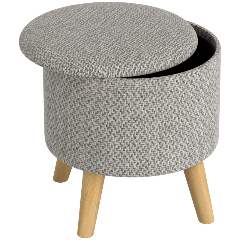 HOMCOM Round Ottoman Stool with Storage, Linen Upholstered Foot Stool with Padded Seat, Hidden Space and Wood Legs, Light Gray