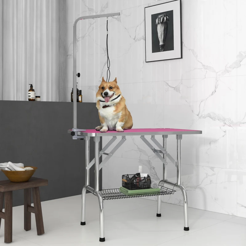 PawHut Foldable Grooming Table for Dogs with Height Adjustable Grooming Arm, Storage Shelf, Pink