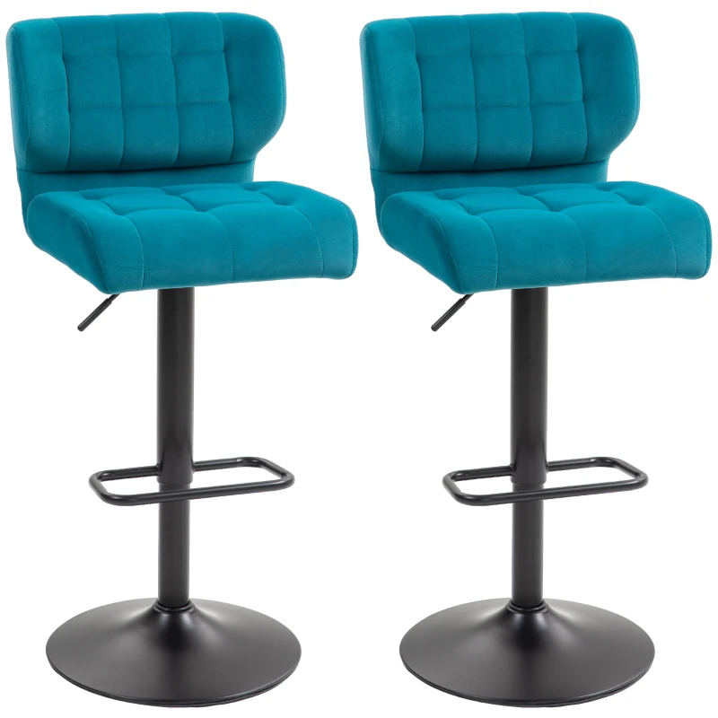 HOMCOM Swivel Tufted Velvet-feel Fabric Barstools Set of 2 Adjustable Bar Stools with Footrest for Counter Dining Room Blue