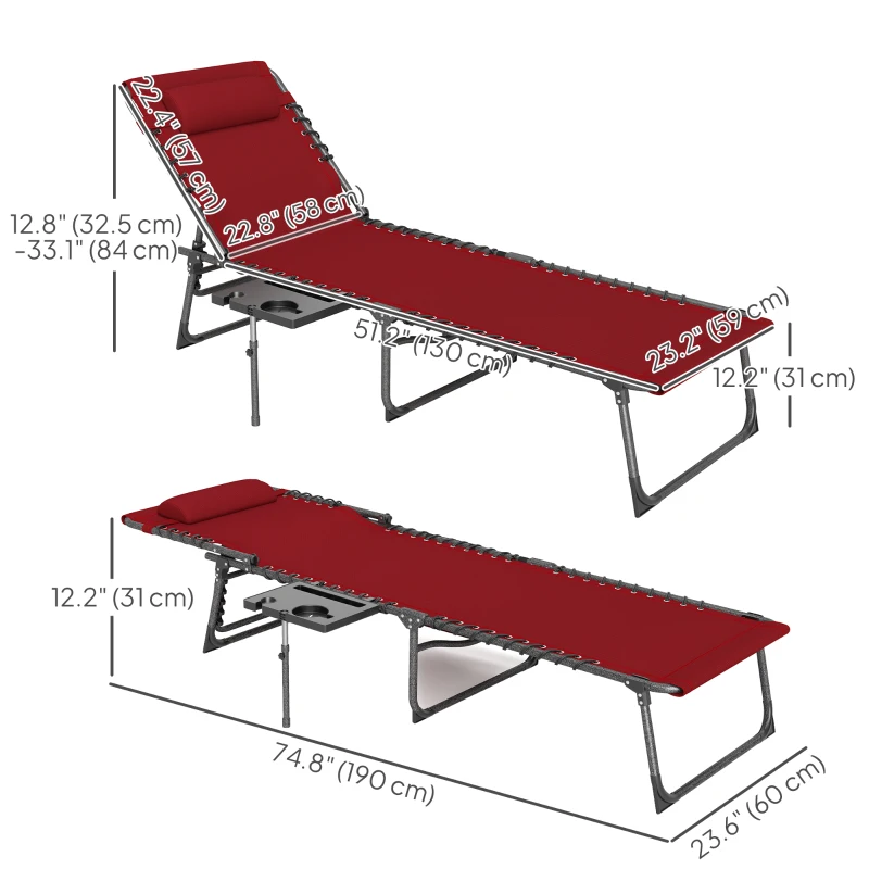 Outsunny Outdoor Folding Lounge Chair, Reclining Chaise Lounge Tanning Chair with Adjustable Back, Side Table, Headrest, Red