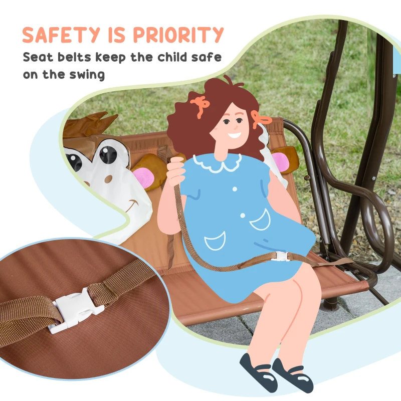 Outsunny Porch Swing for Kids with Adjustable Canopy to Block Sun at Angles, Kids Swing Chair with Seatbelts, Monkey Pattern, Gift for Kids Ages 3-6, Coffee