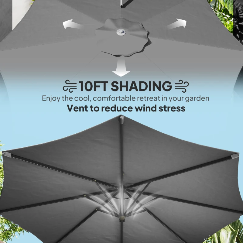 Outsunny 10' Offset Patio Umbrella Cantilever Umbrella with Aluminium Pole 360° Rotation and Tilt Adjustment, Grey