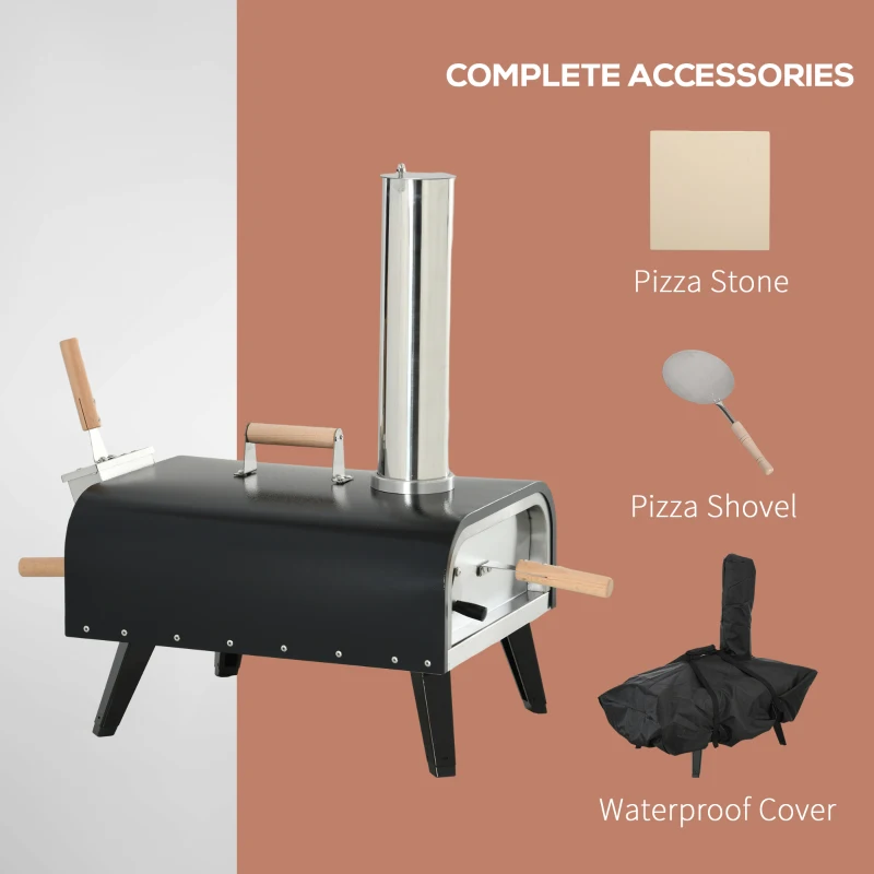 Outsunny Wood Fired Pizza Oven Stainless Steel Pizza Maker with Foldable Legs and Waterproof Cover, Black