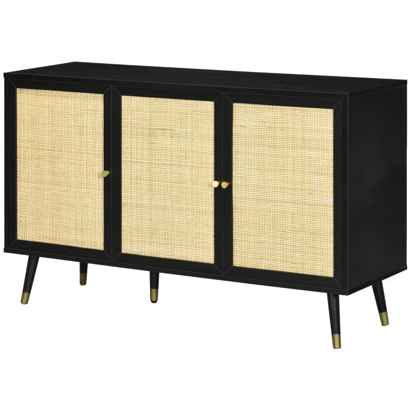 HOMCOM Kitchen Sideboard Cabinet, Boho Storage Cabinet with Shelves, Wood Legs, Decorative Rattan Doors, Black