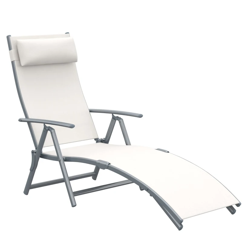 Outsunny Chaise Lounge Foldable Outdoor Chair, Portable, 7-Position Adjustable Reclining Tri-fold Chair for Camping, Sunbathing & Tanning at the Beach, Swimming Pool with Pillow, Cream White