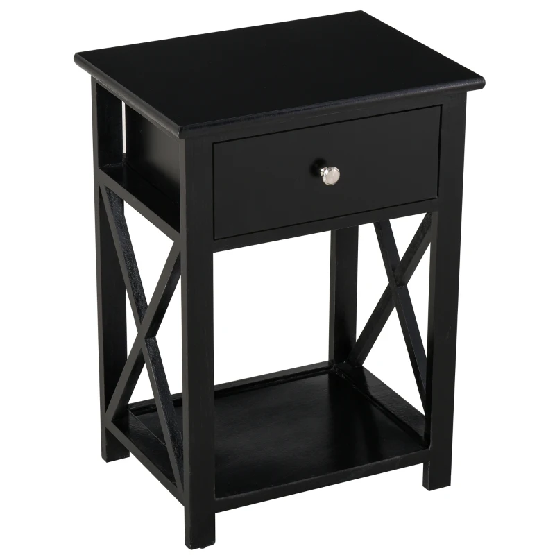 HOMCOM Farmhouse Side Table, End Table with Storage Drawer, Open Shelf and X-Frame, Bedside Table for Living Room, Black