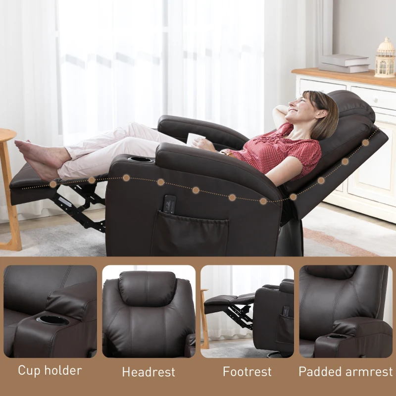 HOMCOM Massage Recliner Chair, Swivel Nursery Rocker Chair, Manual Reclining Sofa with 8 Vibration Points, PU Leather, Cup Holders, Side Pockets, for Living Room, Brown