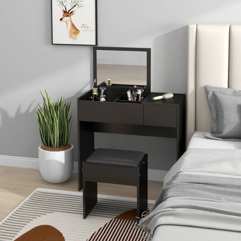 HOMCOM Modern Vanity Set with Flip Top Mirror and Cushioned Stool, Dressing Table with Storage Drawer for Bedroom, Black