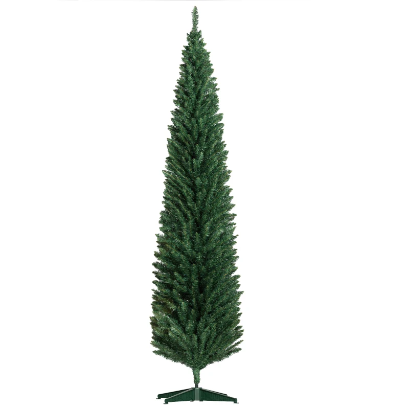 HOMCOM 8ft Unlit Pencil Artificial Christmas Tree with Realistic Branches and 618 Tips, Plastic Base, Green