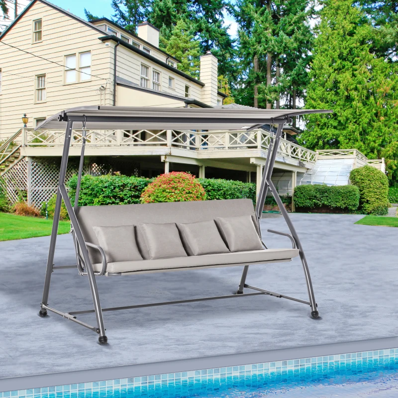 Outsunny Patio Swing Chair, 3 Person Convertible Hammock, Outdoor Swing Lounge Bed, Cushioned with Tilt Canopy, Light Grey