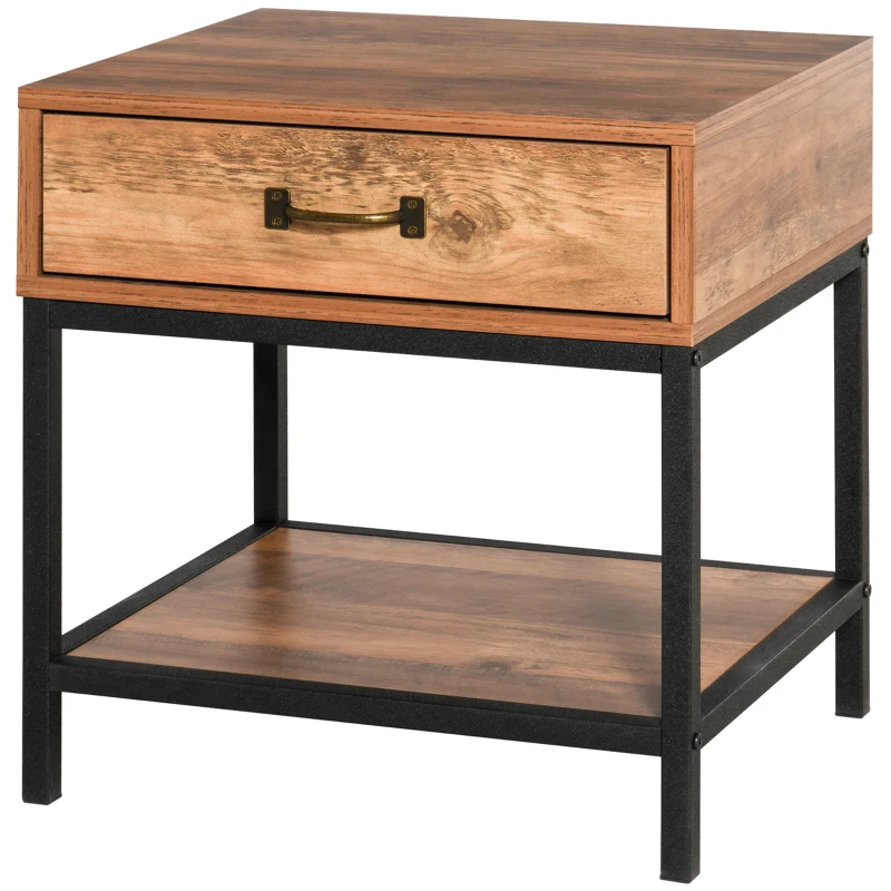 HOMCOM Industrial Bedside Table with Drawer, Nightstand with Storage Shelf, Sofa End Table for Bedroom, Teak