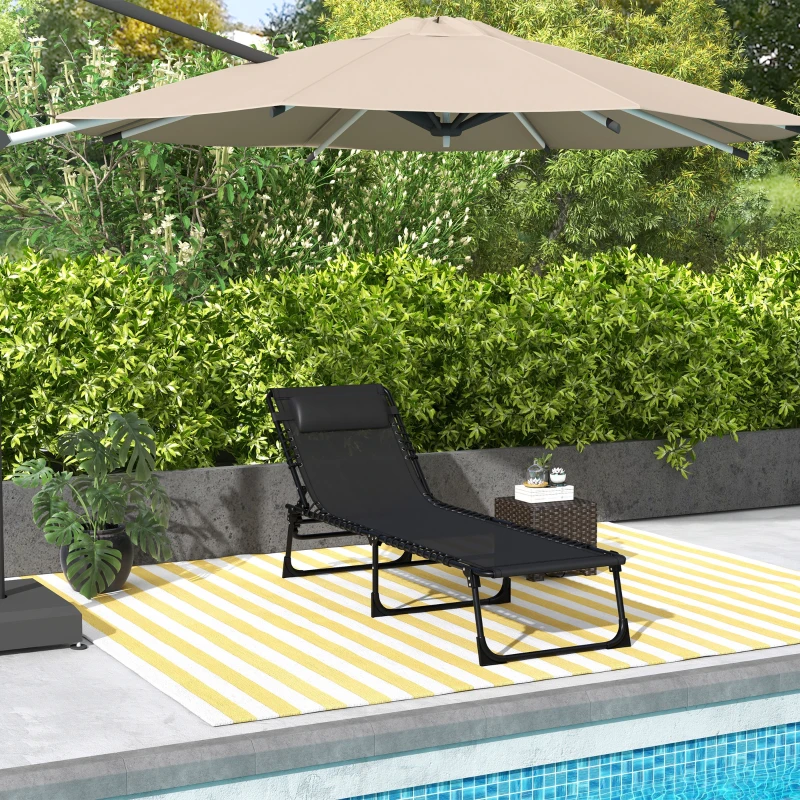 Outsunny Outdoor Folding Lounge Chair, 4-Level Adjustable Chaise Lounge with Headrest, Tanning Chair Beach Bed Reclining Lounger Cot for Camping, Hiking, Backyard, Black