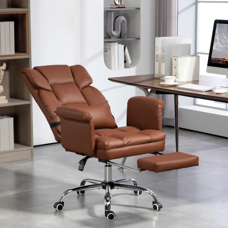 HOMCOM Executive Office Chair with Footrest and Lumbar Support, PU Leather Desk Chair, Ergonomic, Reclining and Swivel, Brown