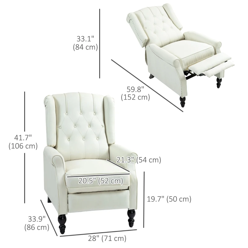 HOMCOM Wingback Reclining Chair with Footrest, Button Tufted Recliner Chair with Rolled Armrests for Living Room, Cream White