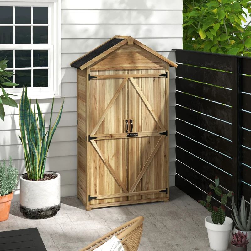 Outsunny Wooden Garden Shed Outdoor Storage Cabinet with Waterproof Asphalt Roof Lockable Doors Shelves for Backyard Natural