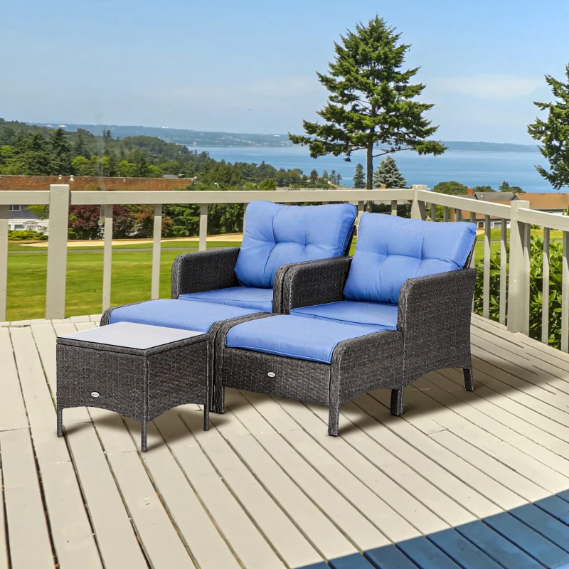 Outsunny 5 Pieces Rattan Wicker Lounge Chair Outdoor Patio Conversation Set with 2 Cushioned Chairs, 2 Ottomans and Tempered Glass Top Coffee Table, Gray/Blue
