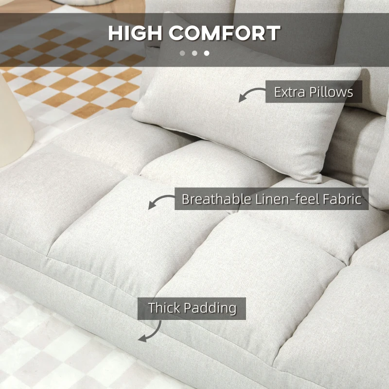 HOMCOM Convertible Floor Sofa, Foldable 2-Seater Lazy Sofa Sleeper with 9-position Backrest and 2 Pillows Cream White