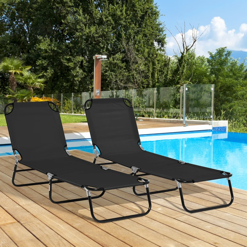 Outsunny Set of 2 Folding Outdoor Lounge Chair, Sun Tanning Chairs with Reclining Back, Breathable Mesh for Beach Patio, Black