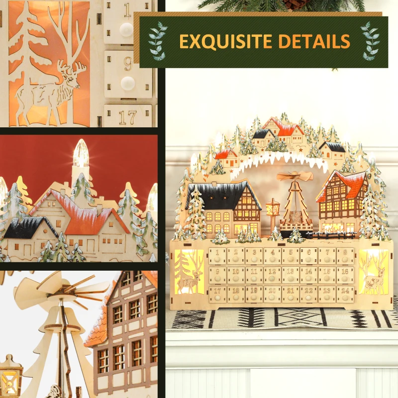 HOMCOM Wooden Christmas Advent Calendar with 24 Fillable Countdown Drawers and LED Lights, Battery Operated, Reusable